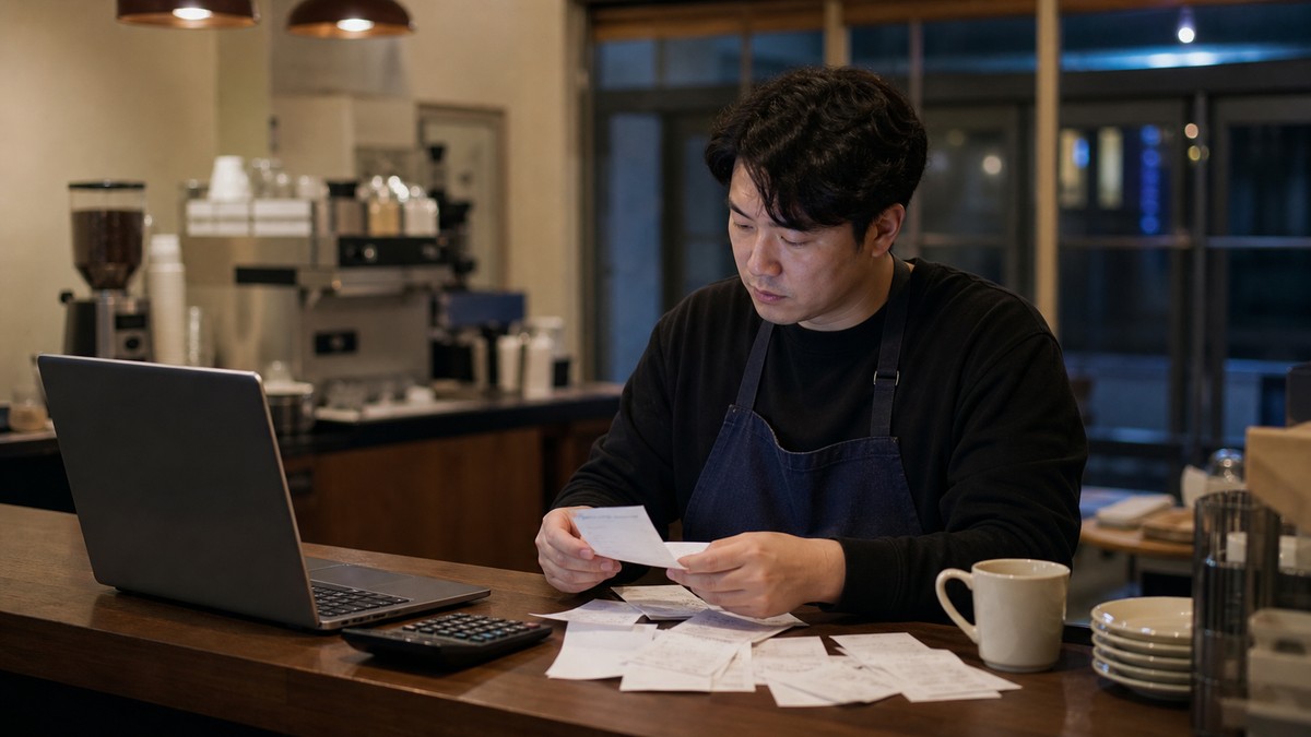 부가세 신고를 준비하며 영수증을 정리하는 소상공인
