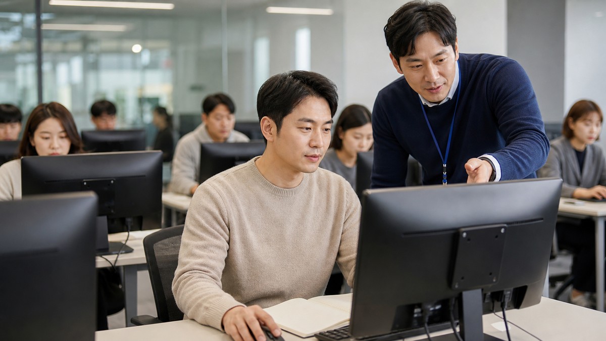 국민내일배움카드 직업훈련 과정에서 컴퓨터 실습을 받는 학습자