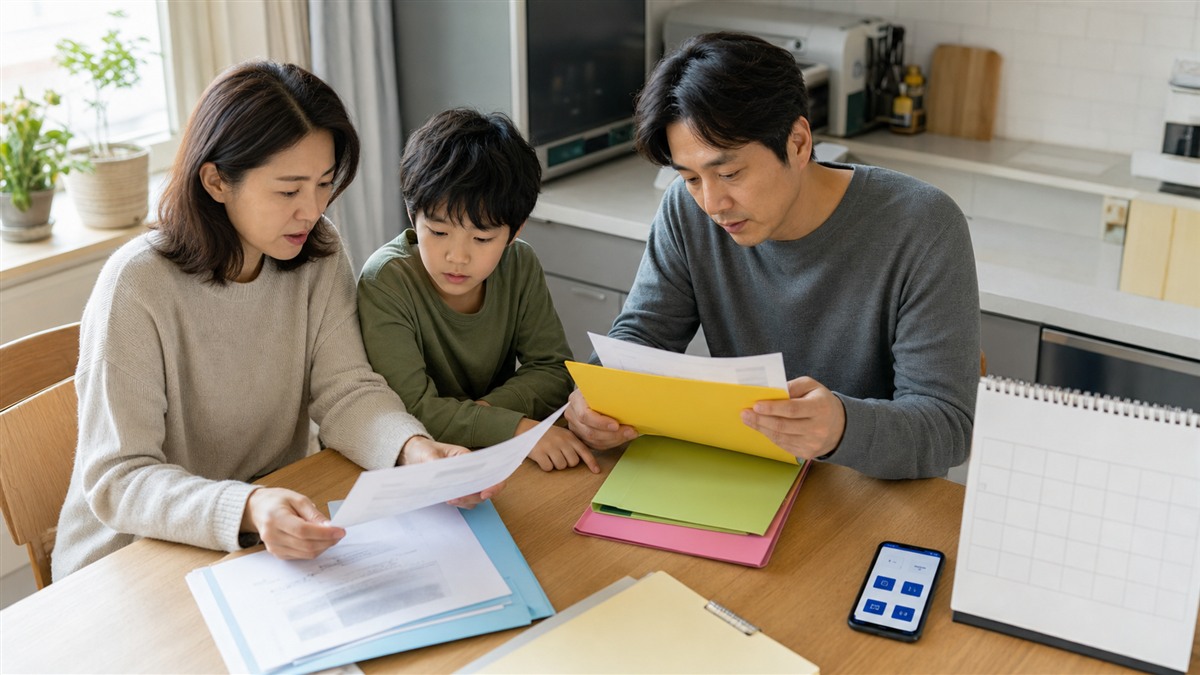 가족이 식탁에서 정부지원금 신청 서류를 색상별 파일에 나누어 준비하는 모습