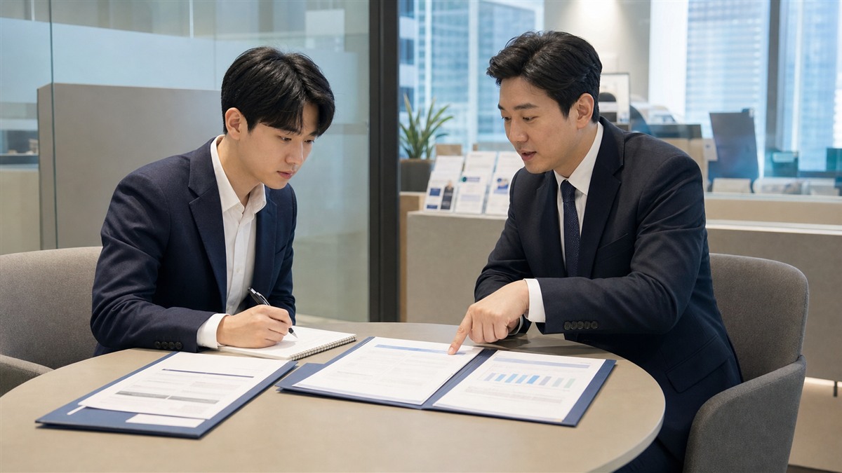 투자자가 금융상담실에서 CMA 상품 유형과 조건을 비교하는 모습