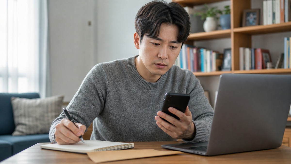 착오송금 반환 절차를 확인하며 휴대전화와 메모를 살펴보는 모습