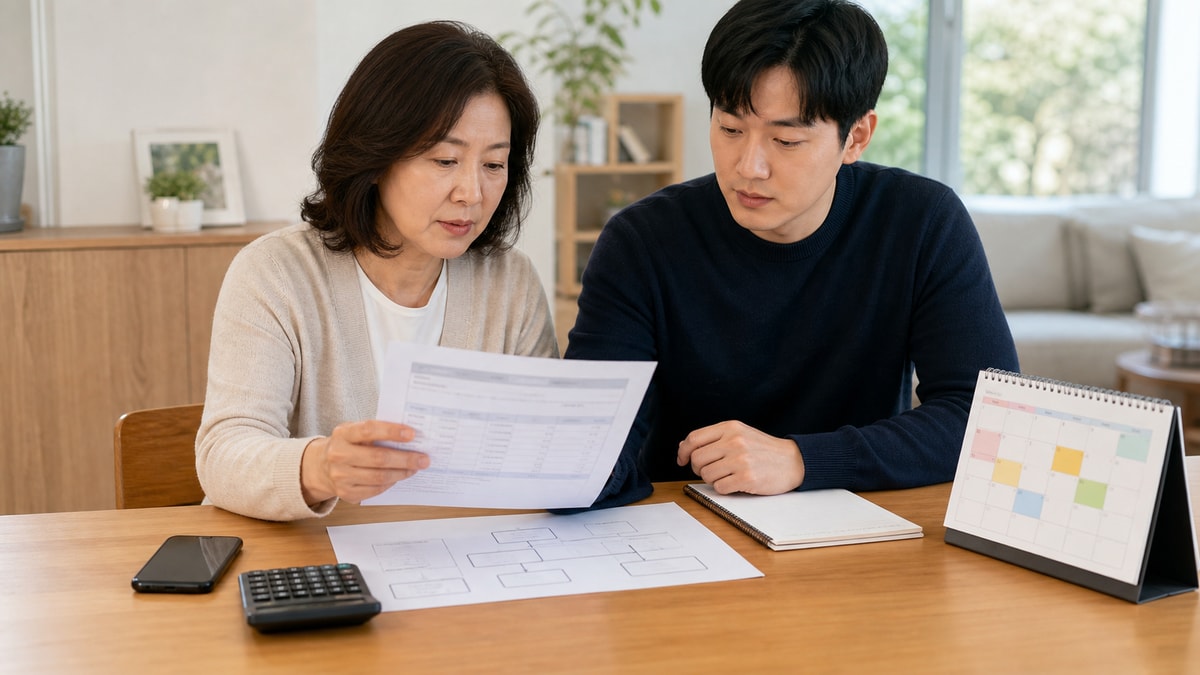 부모와 성인 자녀가 송금내역과 가족관계, 신고 달력을 함께 확인하는 모습