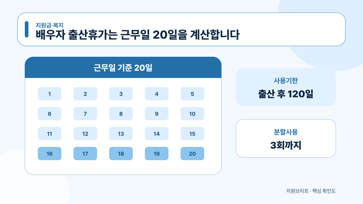 배우자 출산휴가 근무일 20일과 사용기한 분할횟수를 보여주는 달력 안내도